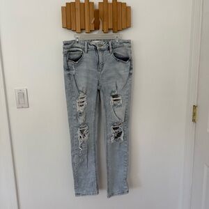 Eunina High Rise Light Blue Distressed Girlfriend Jeans, Size 3